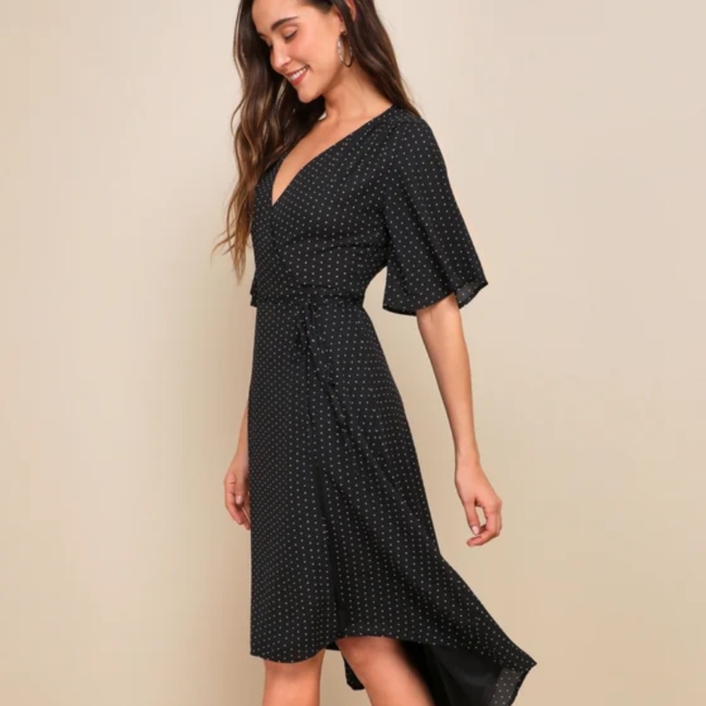 Lulus Farah Black Print Midi Wrap Dres - Picture 4 of 8